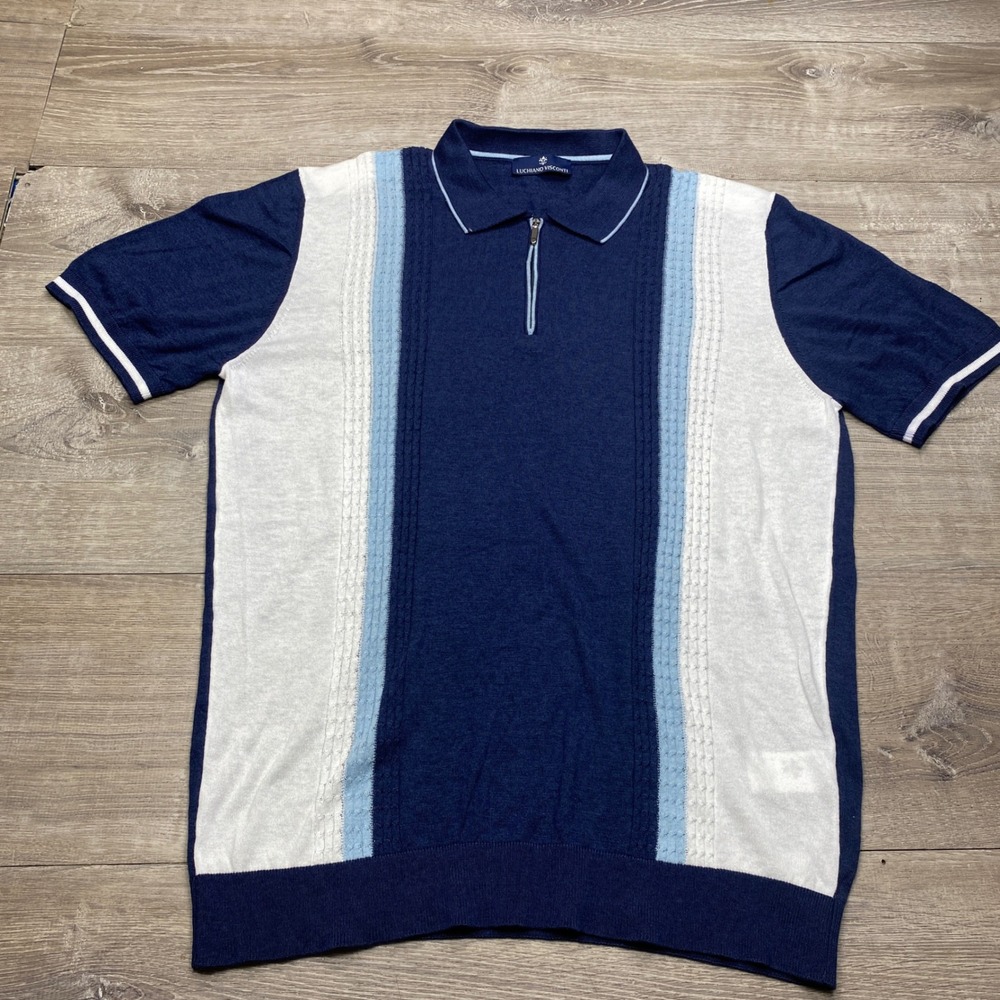 Luchiano Visconti Knit Polo Mens XL Navy Blue Colorblock Zip Sweater Shirt